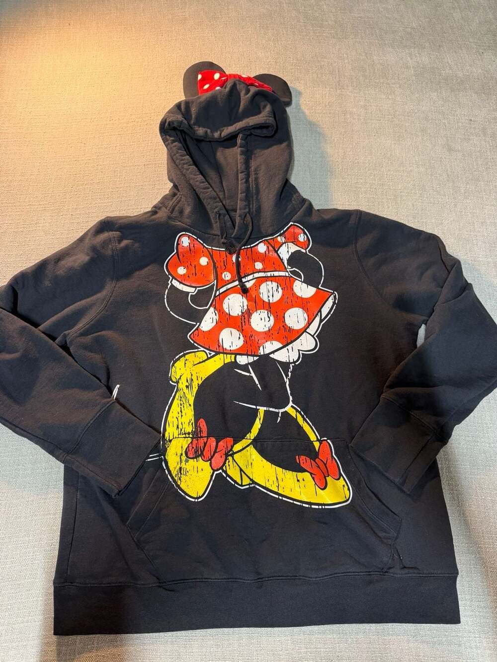 Disney Parks Minnie Mouse Bow Ears Black Distressed Graphic Hoodie Sweatshirt US